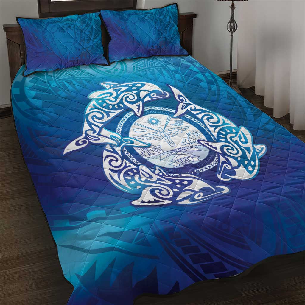 Marshall Islands Manit Day Quilt Bed Set Tribal Dolphin With Marshall Seal LT05 Blue - Polynesian Pride