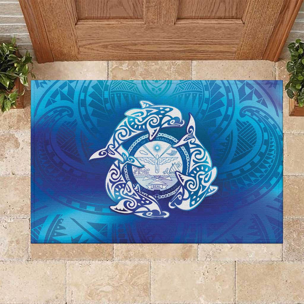 Marshall Islands Manit Day Rubber Doormat Tribal Dolphin With Marshall Seal LT05 Blue - Polynesian Pride