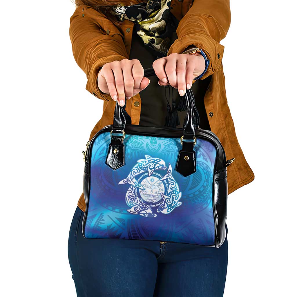 Marshall Islands Manit Day Shoulder Handbag Tribal Dolphin With Marshall Seal LT05 One Size Blue - Polynesian Pride