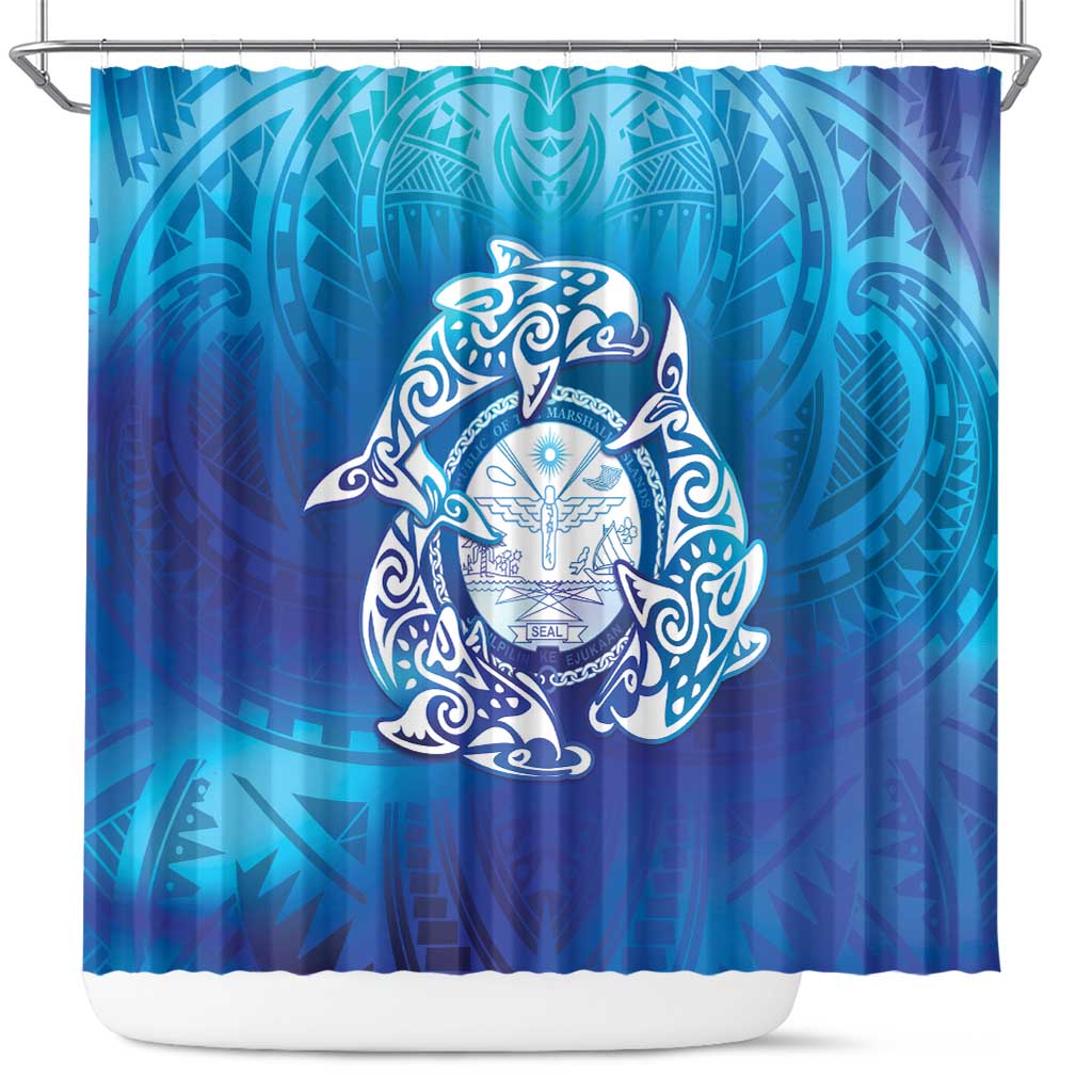 Marshall Islands Manit Day Shower Curtain Tribal Dolphin With Marshall Seal LT05 Blue - Polynesian Pride