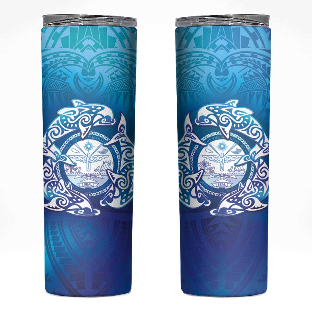 Marshall Islands Manit Day Skinny Tumbler Tribal Dolphin With Marshall Seal - Polynesian Pride