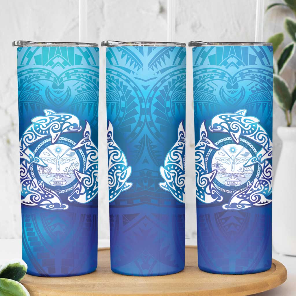 Marshall Islands Manit Day Skinny Tumbler Tribal Dolphin With Marshall Seal - Polynesian Pride