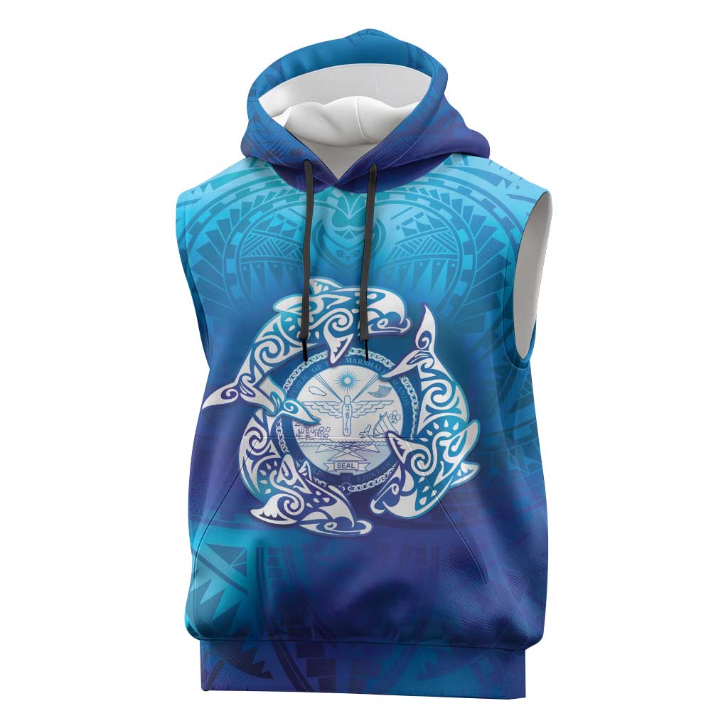 Marshall Islands Manit Day Sleeveless Hoodie Tribal Dolphin With Marshall Seal LT05 Blue - Polynesian Pride
