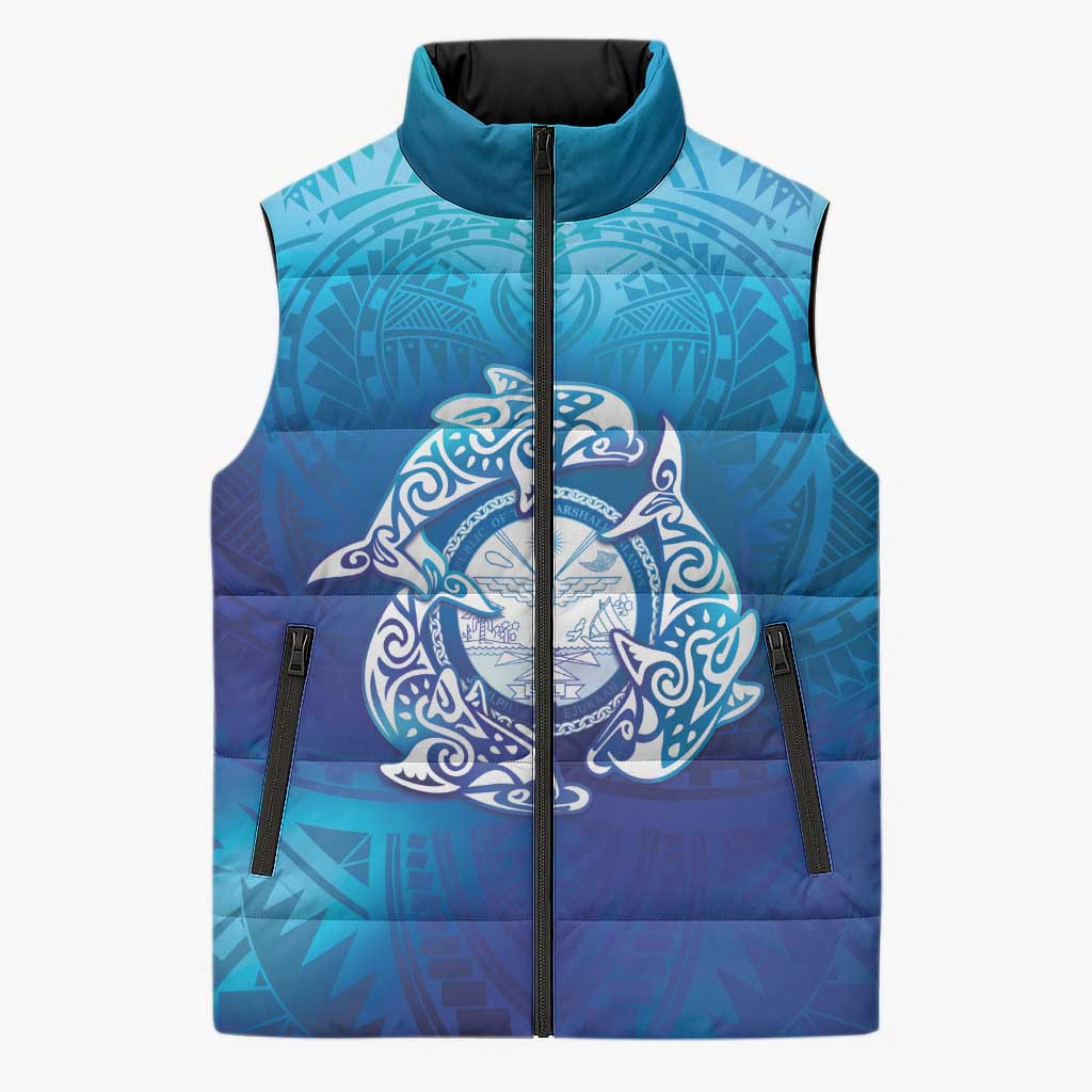 Marshall Islands Manit Day Sleeveless Puffer Jacket Tribal Dolphin With Marshall Seal LT05 Unisex Blue - Polynesian Pride