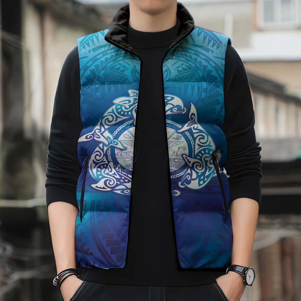 Marshall Islands Manit Day Sleeveless Puffer Jacket Tribal Dolphin With Marshall Seal - Polynesian Pride