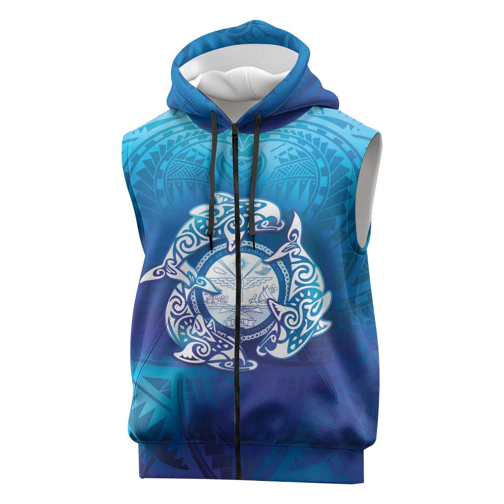 Marshall Islands Manit Day Sleeveless Zip Hoodie Tribal Dolphin With Marshall Seal LT05 Blue - Polynesian Pride