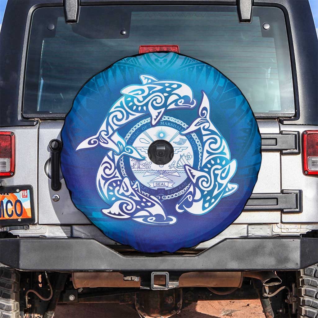 Marshall Islands Manit Day Spare Tire Cover Tribal Dolphin With Marshall Seal LT05 Blue - Polynesian Pride