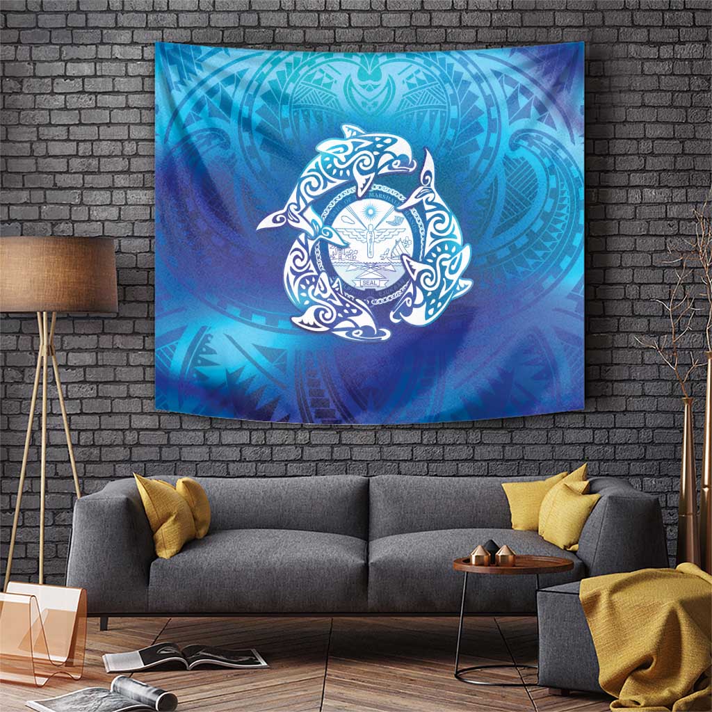 Marshall Islands Manit Day Tapestry Tribal Dolphin With Marshall Seal LT05 Blue - Polynesian Pride