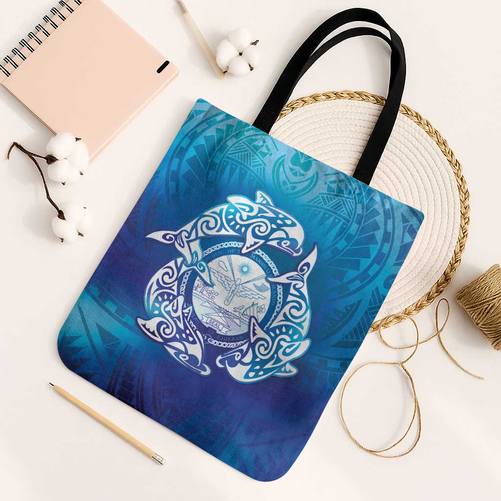 Marshall Islands Manit Day Tote Bag Tribal Dolphin With Marshall Seal LT05 Black Strap One Size Blue - Polynesian Pride