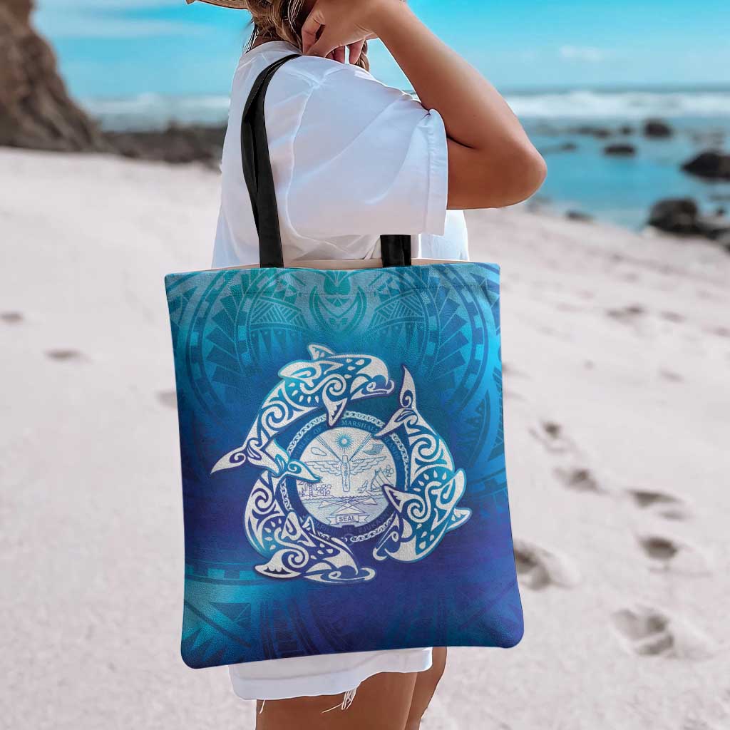 Marshall Islands Manit Day Tote Bag Tribal Dolphin With Marshall Seal - Polynesian Pride