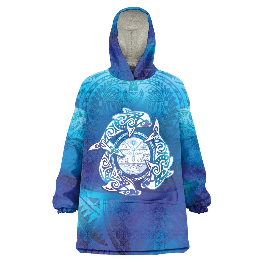 Marshall Islands Manit Day Wearable Blanket Hoodie Tribal Dolphin With Marshall Seal LT05 One Size Blue - Polynesian Pride