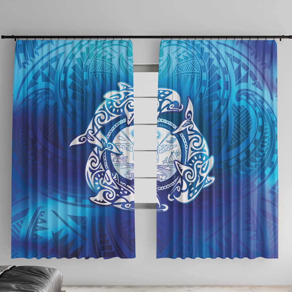 Marshall Islands Manit Day Window Curtain Tribal Dolphin With Marshall Seal LT05 With Hooks Blue - Polynesian Pride
