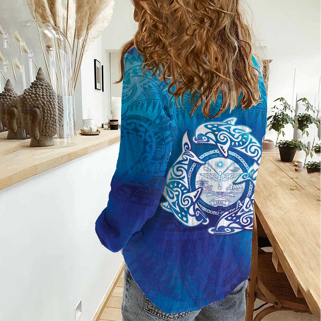 Marshall Islands Manit Day Women Casual Shirt Tribal Dolphin With Marshall Seal - Polynesian Pride