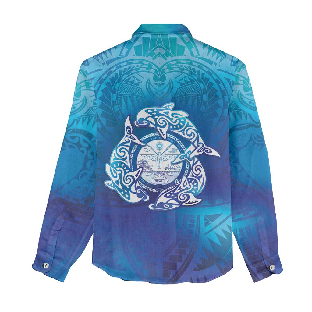 Marshall Islands Manit Day Women Casual Shirt Tribal Dolphin With Marshall Seal - Polynesian Pride