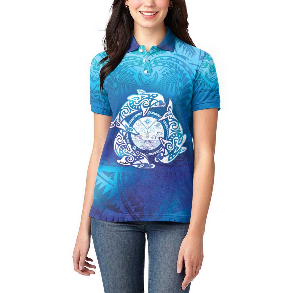 Marshall Islands Manit Day Women Polo Shirt Tribal Dolphin With Marshall Seal - Polynesian Pride