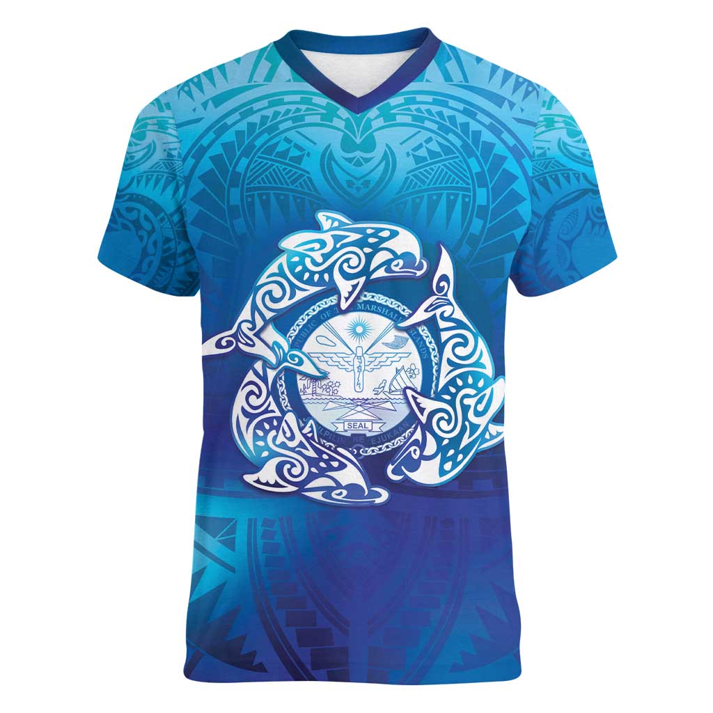 Marshall Islands Manit Day Women V-Neck T-Shirt Tribal Dolphin With Marshall Seal - Polynesian Pride