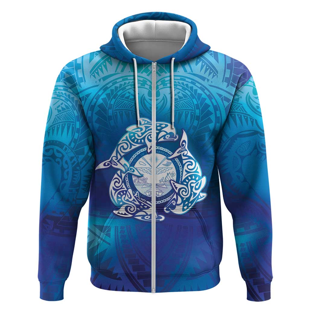 Marshall Islands Manit Day Zip Hoodie Tribal Dolphin With Marshall Seal LT05 Zip Hoodie Blue - Polynesian Pride