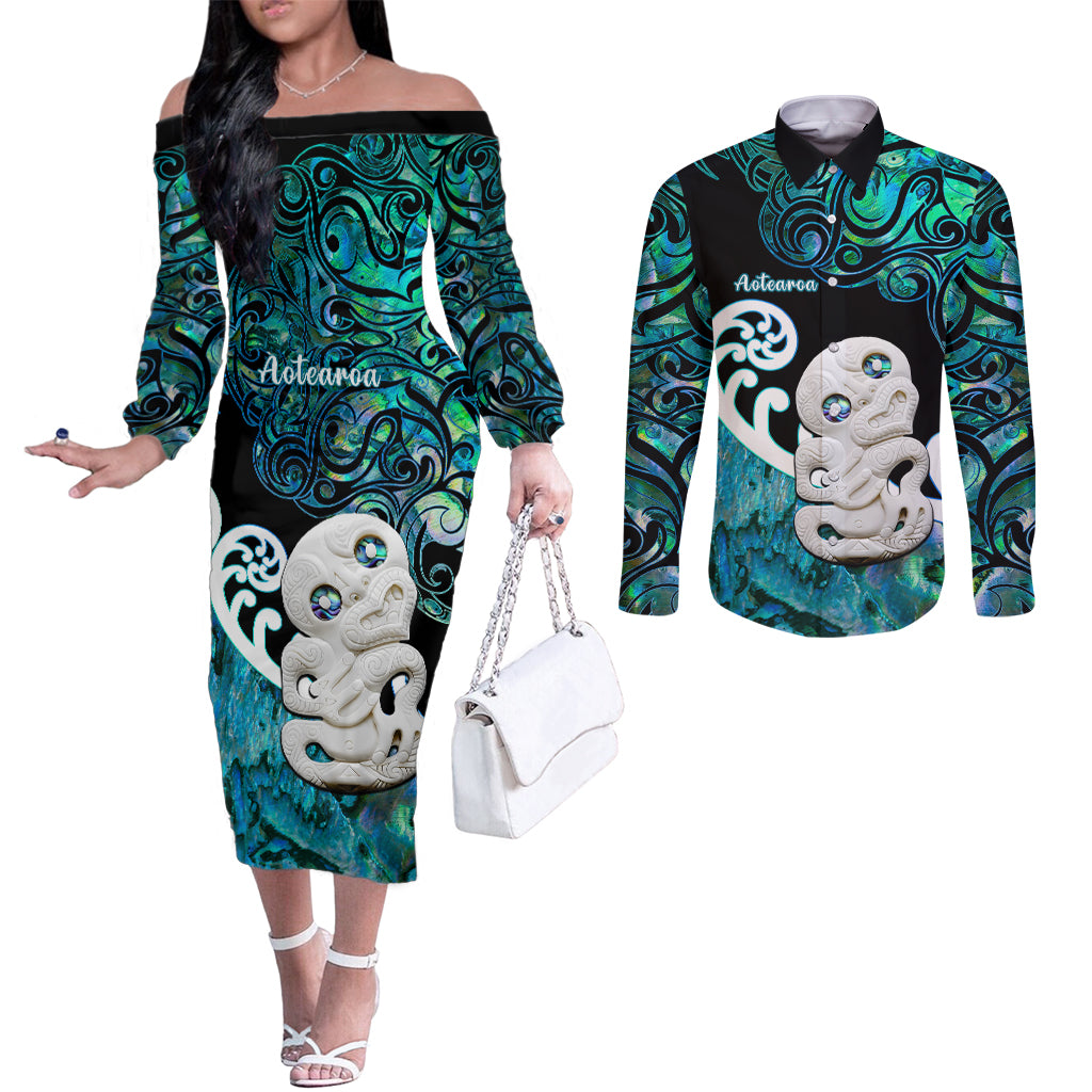 Personalized Aotearoa New Zealand Couples Matching Off The Shoulder Long Sleeve Dress and Long Sleeve Button Shirts Paua Shell Fern Koru With Maori Hei Tiki LT05 Green - Polynesian Pride