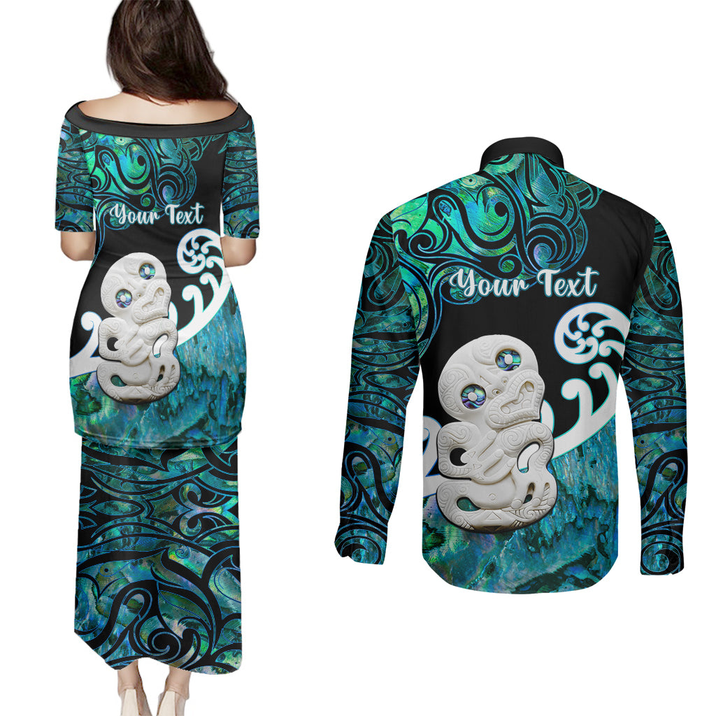 Personalized Aotearoa New Zealand Couples Matching Puletasi Dress and Long Sleeve Button Shirts Paua Shell Fern Koru With Maori Hei Tiki LT05 - Polynesian Pride
