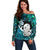 Personalized Aotearoa New Zealand Off Shoulder Sweater Paua Shell Fern Koru With Maori Hei Tiki LT05 Women Green - Polynesian Pride