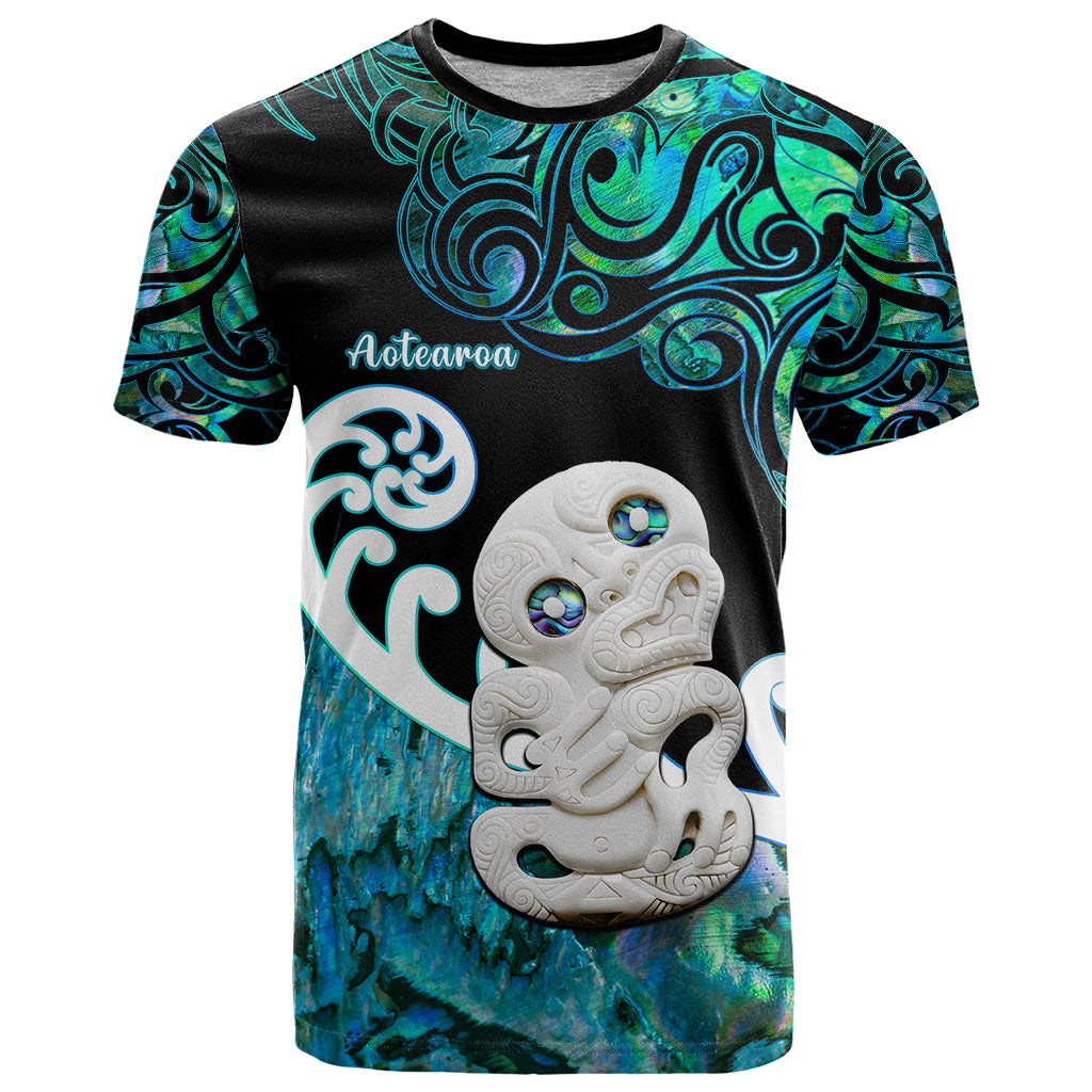 Personalized Aotearoa New Zealand T Shirt Paua Shell Fern Koru With Maori Hei Tiki LT05 Green - Polynesian Pride