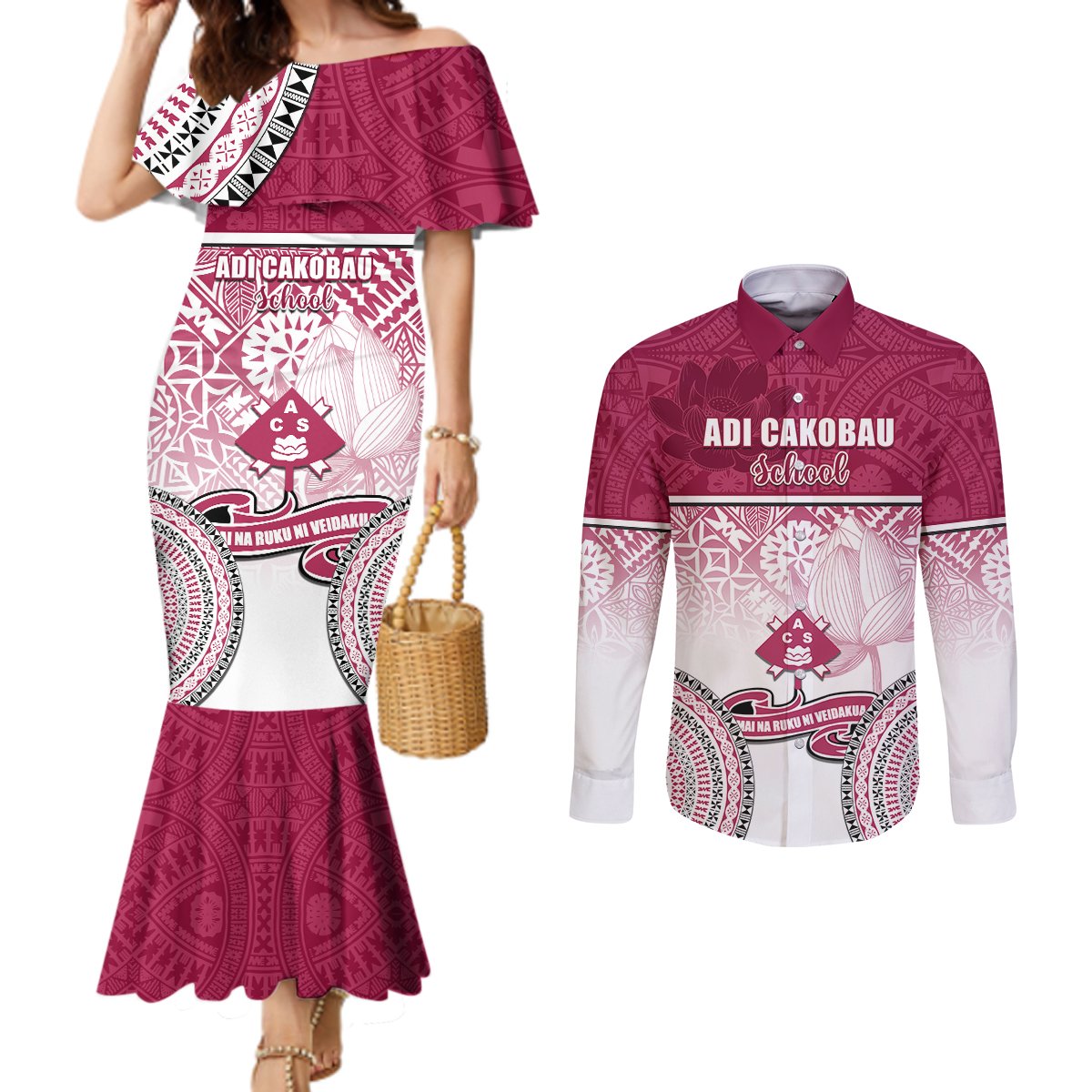 Adi Cakobau School Couples Matching Mermaid Dress and Long Sleeve Button Shirts 75th Anniversary LT05 Pink - Polynesian Pride