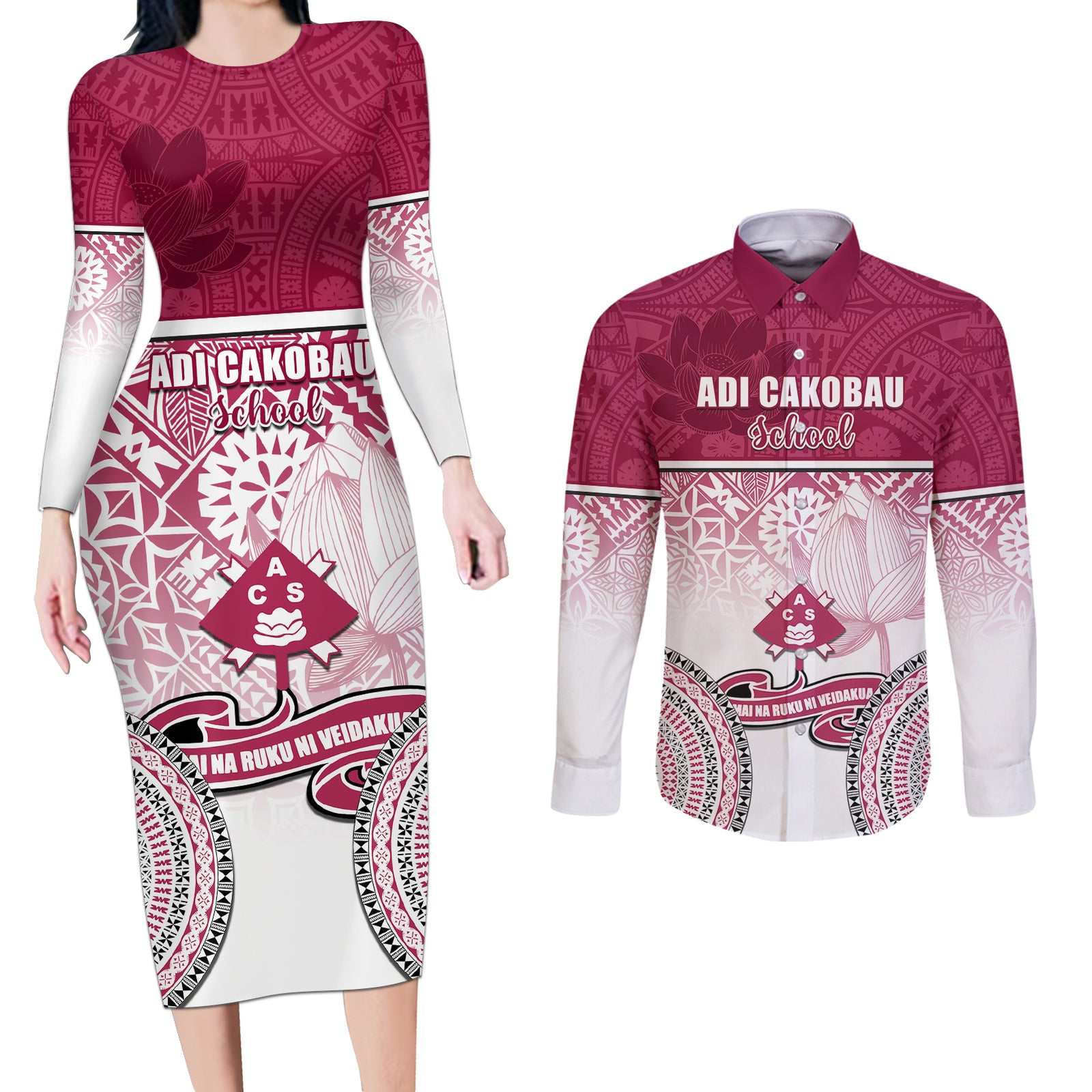 Personalized Adi Cakobau School Couples Matching Long Sleeve Bodycon Dress and Long Sleeve Button Shirts With Fijian Tapa Pattern LT05 Pink - Polynesian Pride