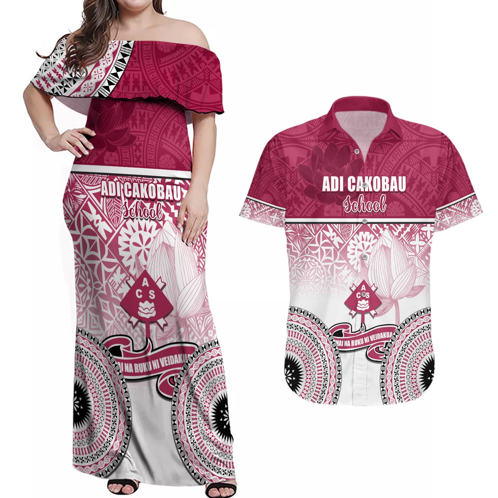 Personalized Adi Cakobau School Couples Matching Off Shoulder Maxi Dress and Hawaiian Shirt With Fijian Tapa Pattern LT05 Pink - Polynesian Pride