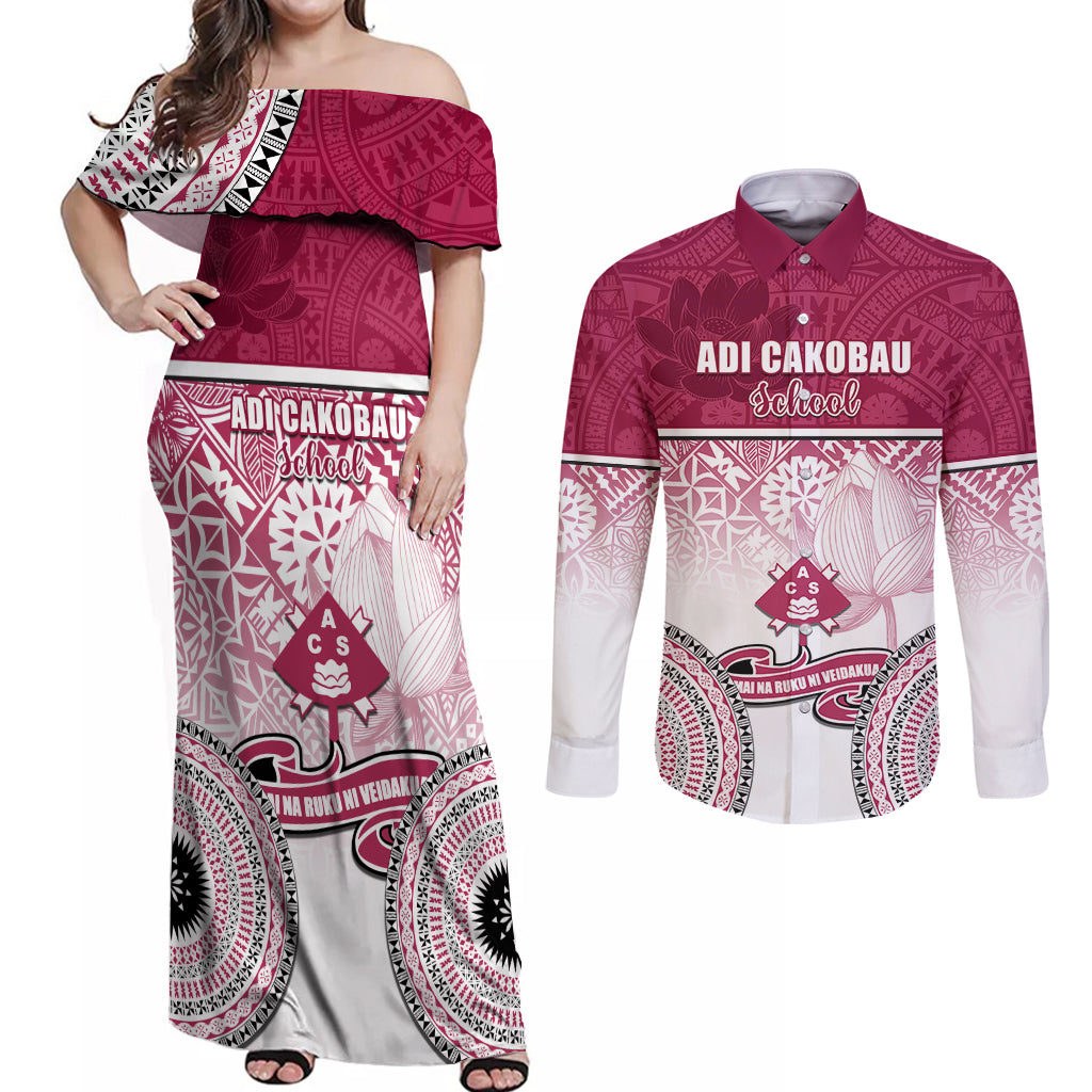 Personalized Adi Cakobau School Couples Matching Off Shoulder Maxi Dress and Long Sleeve Button Shirts With Fijian Tapa Pattern LT05 Pink - Polynesian Pride