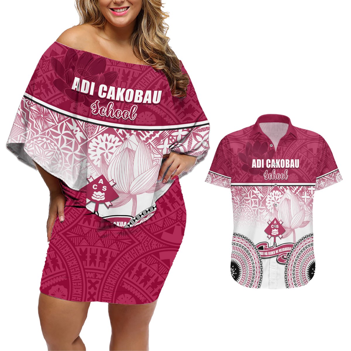 Personalized Adi Cakobau School Couples Matching Off Shoulder Short Dress and Hawaiian Shirt With Fijian Tapa Pattern LT05 Pink - Polynesian Pride