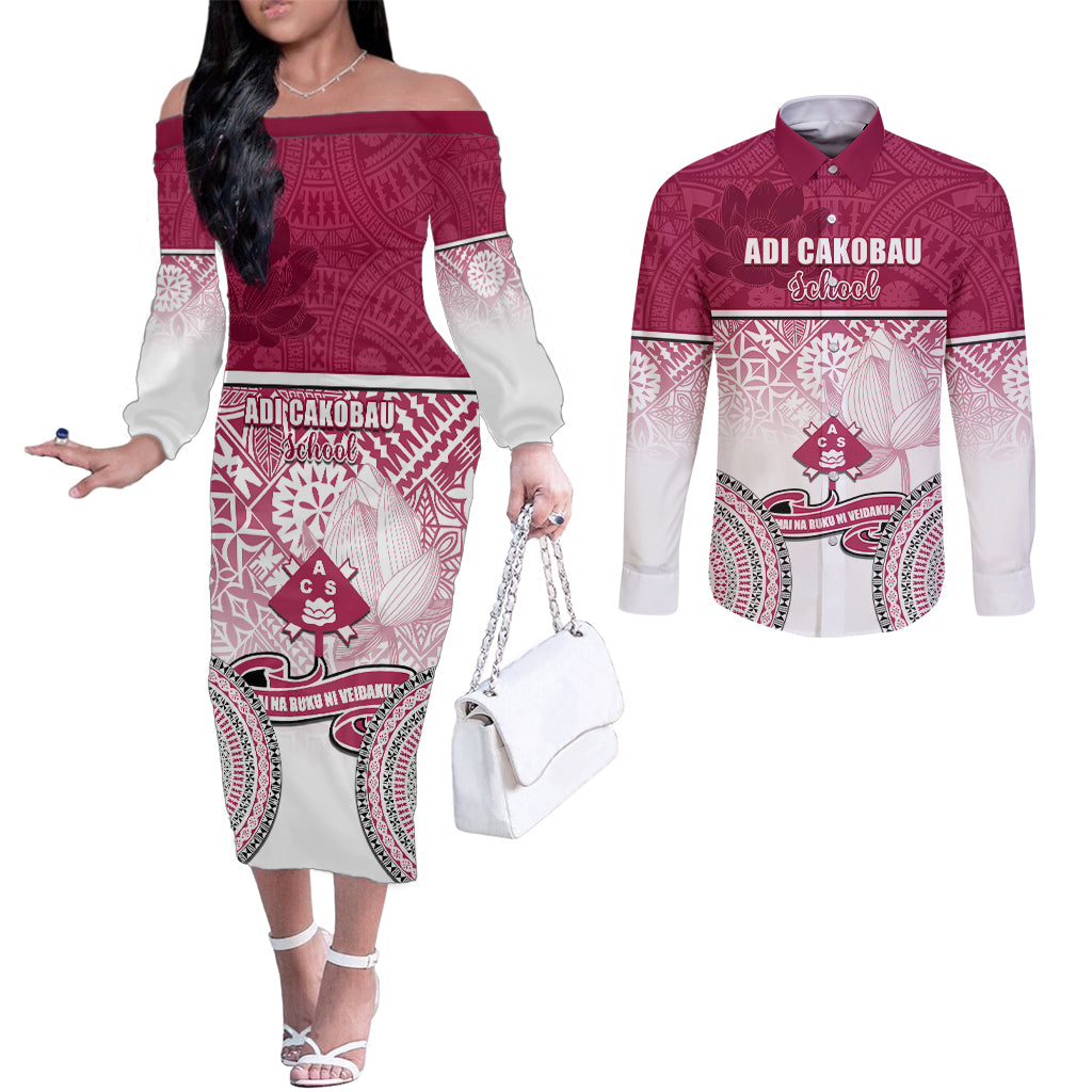 Personalized Adi Cakobau School Couples Matching Off The Shoulder Long Sleeve Dress and Long Sleeve Button Shirts With Fijian Tapa Pattern LT05 Pink - Polynesian Pride