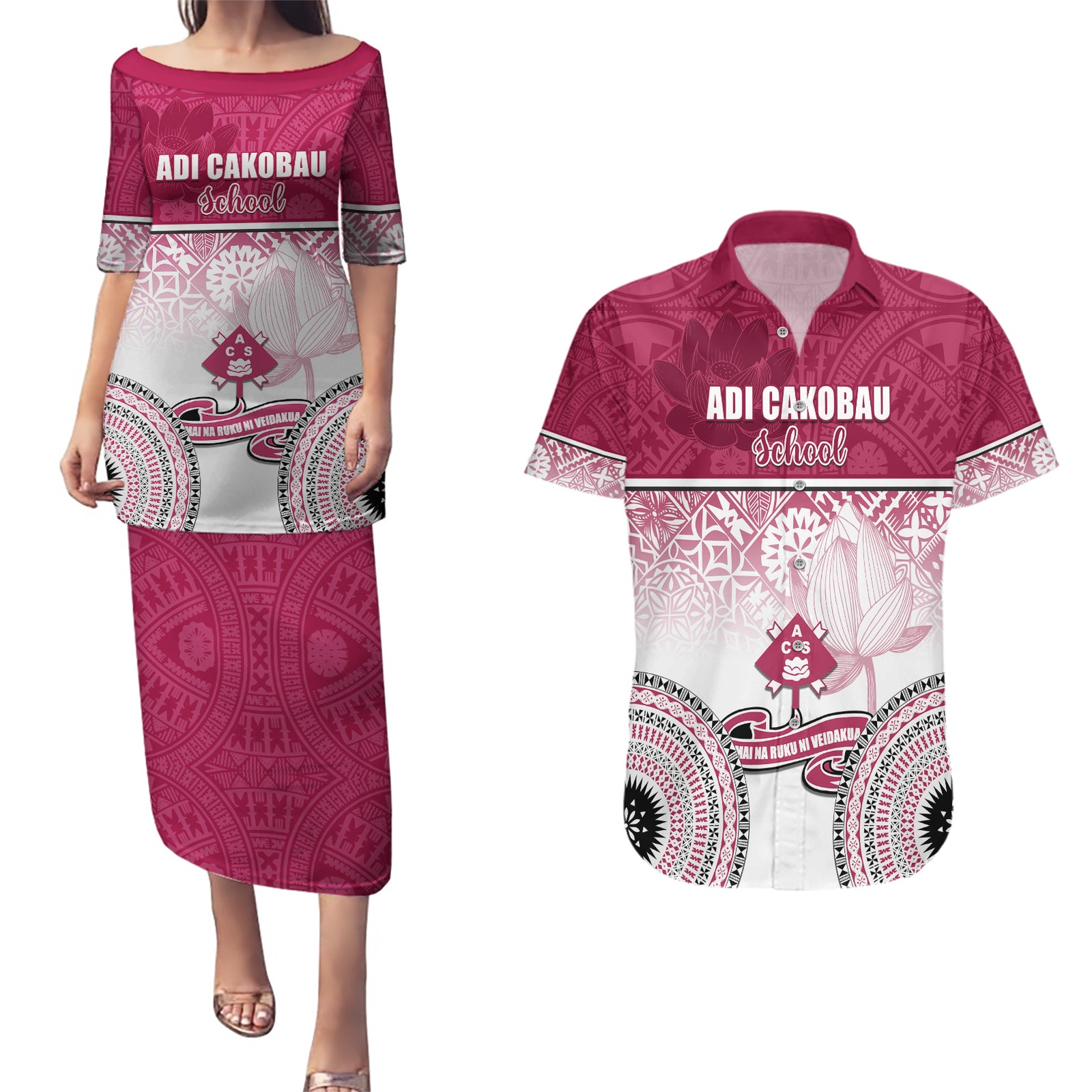 Personalized Adi Cakobau School Couples Matching Puletasi Dress and Hawaiian Shirt With Fijian Tapa Pattern LT05 Pink - Polynesian Pride