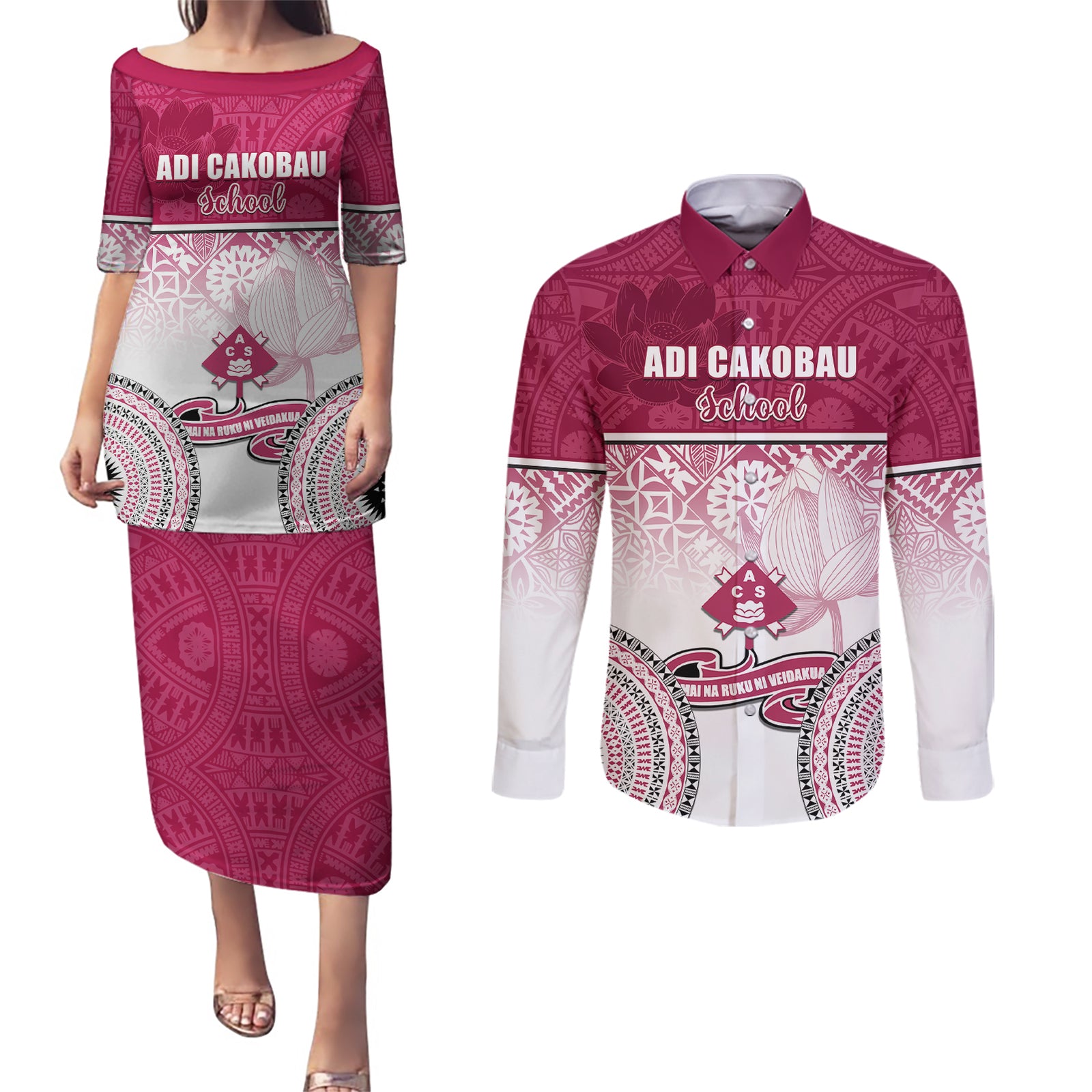 Personalized Adi Cakobau School Couples Matching Puletasi Dress and Long Sleeve Button Shirts With Fijian Tapa Pattern LT05 Pink - Polynesian Pride