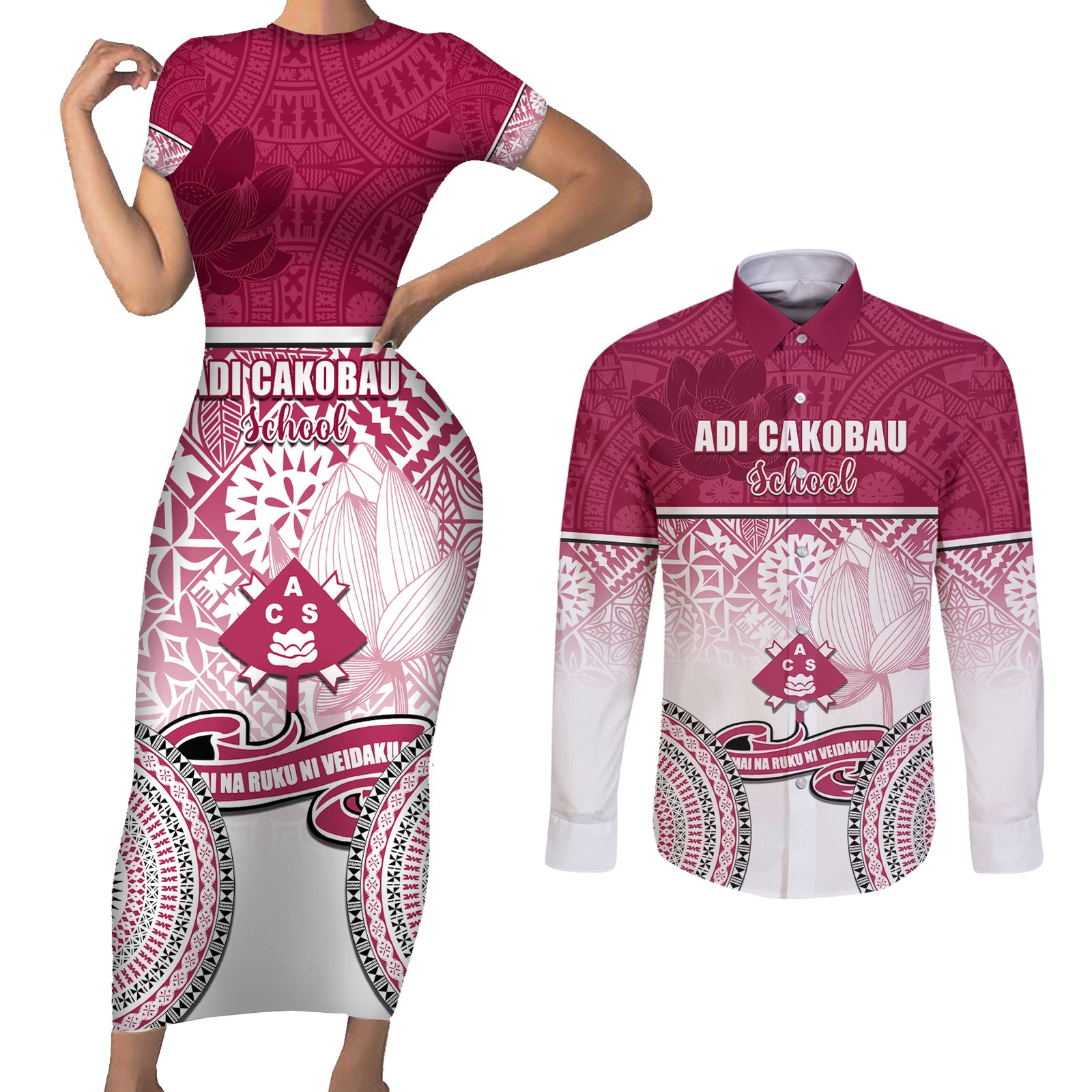 Personalized Adi Cakobau School Couples Matching Short Sleeve Bodycon Dress and Long Sleeve Button Shirts With Fijian Tapa Pattern LT05 Pink - Polynesian Pride