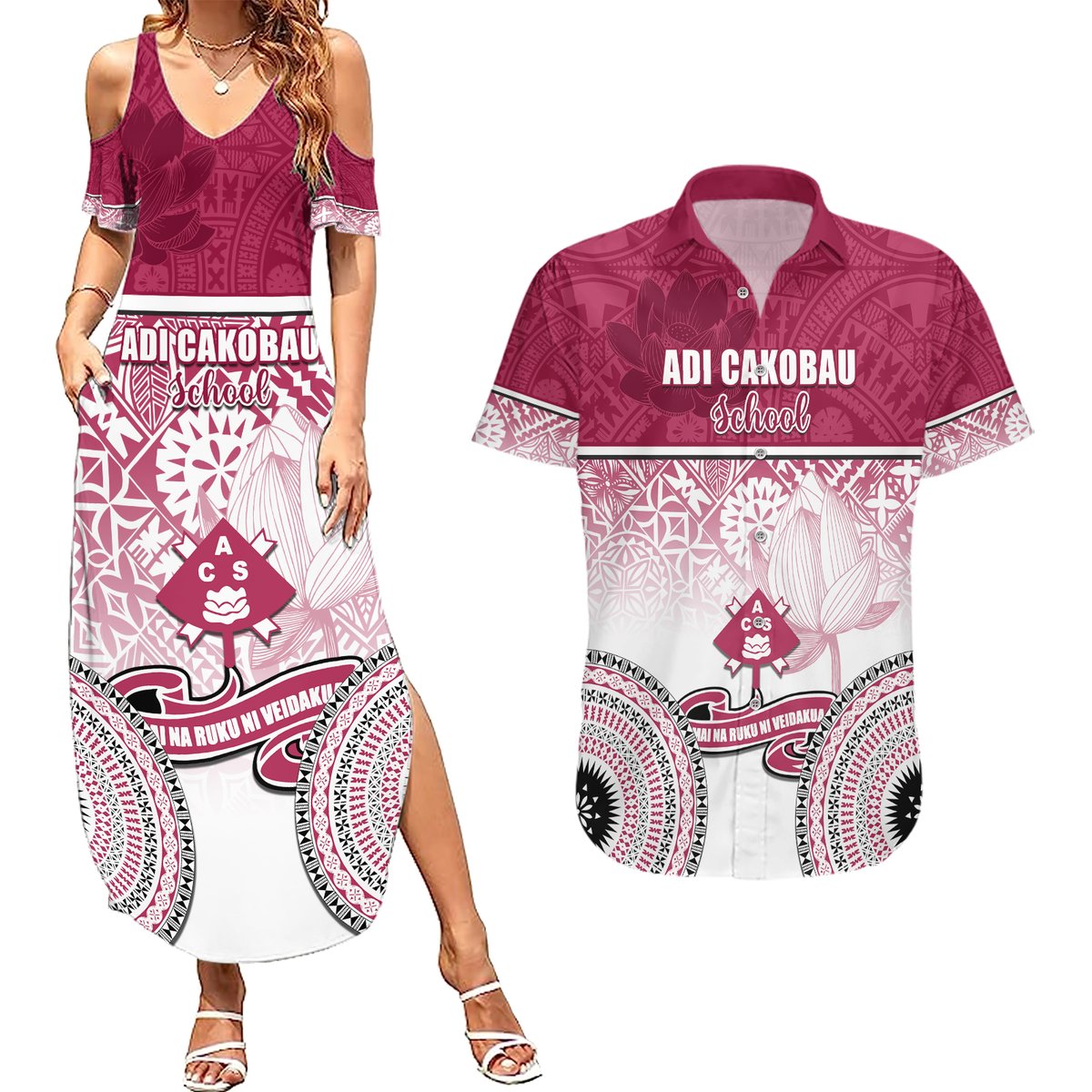 Personalized Adi Cakobau School Couples Matching Summer Maxi Dress and Hawaiian Shirt With Fijian Tapa Pattern LT05 Pink - Polynesian Pride