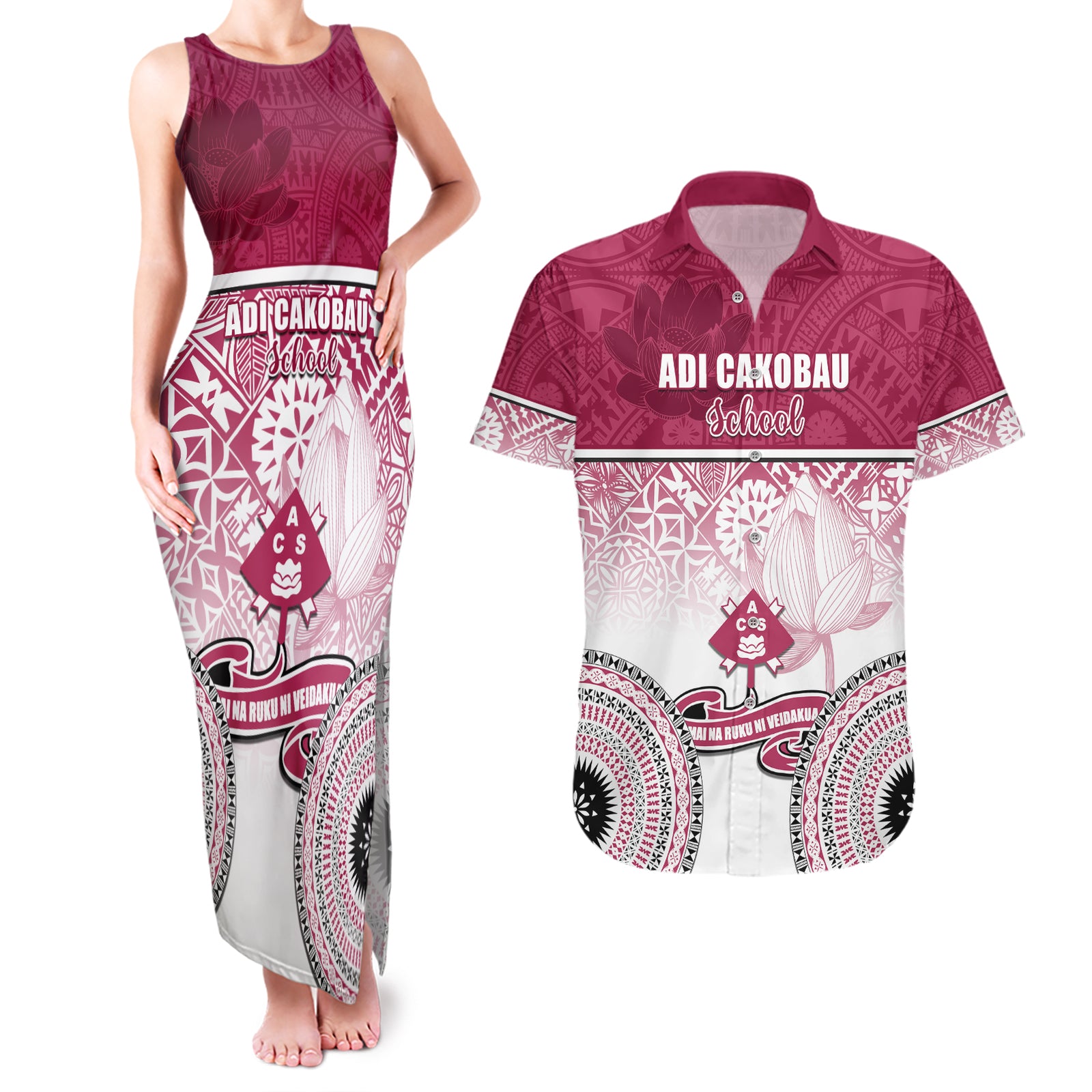 Personalized Adi Cakobau School Couples Matching Tank Maxi Dress and Hawaiian Shirt With Fijian Tapa Pattern LT05 Pink - Polynesian Pride