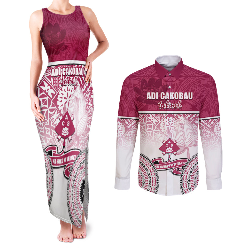 Personalized Adi Cakobau School Couples Matching Tank Maxi Dress and Long Sleeve Button Shirts With Fijian Tapa Pattern LT05 Pink - Polynesian Pride