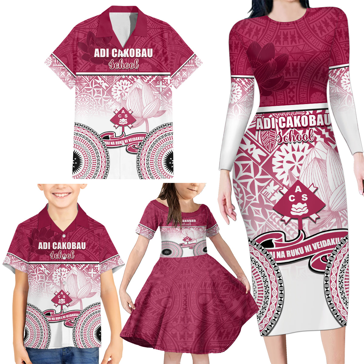 Personalized Adi Cakobau School Family Matching Long Sleeve Bodycon Dress and Hawaiian Shirt With Fijian Tapa Pattern LT05 - Polynesian Pride