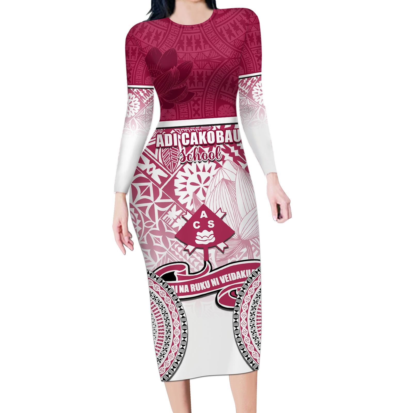 Personalized Adi Cakobau School Long Sleeve Bodycon Dress With Fijian Tapa Pattern LT05 Long Dress Pink - Polynesian Pride