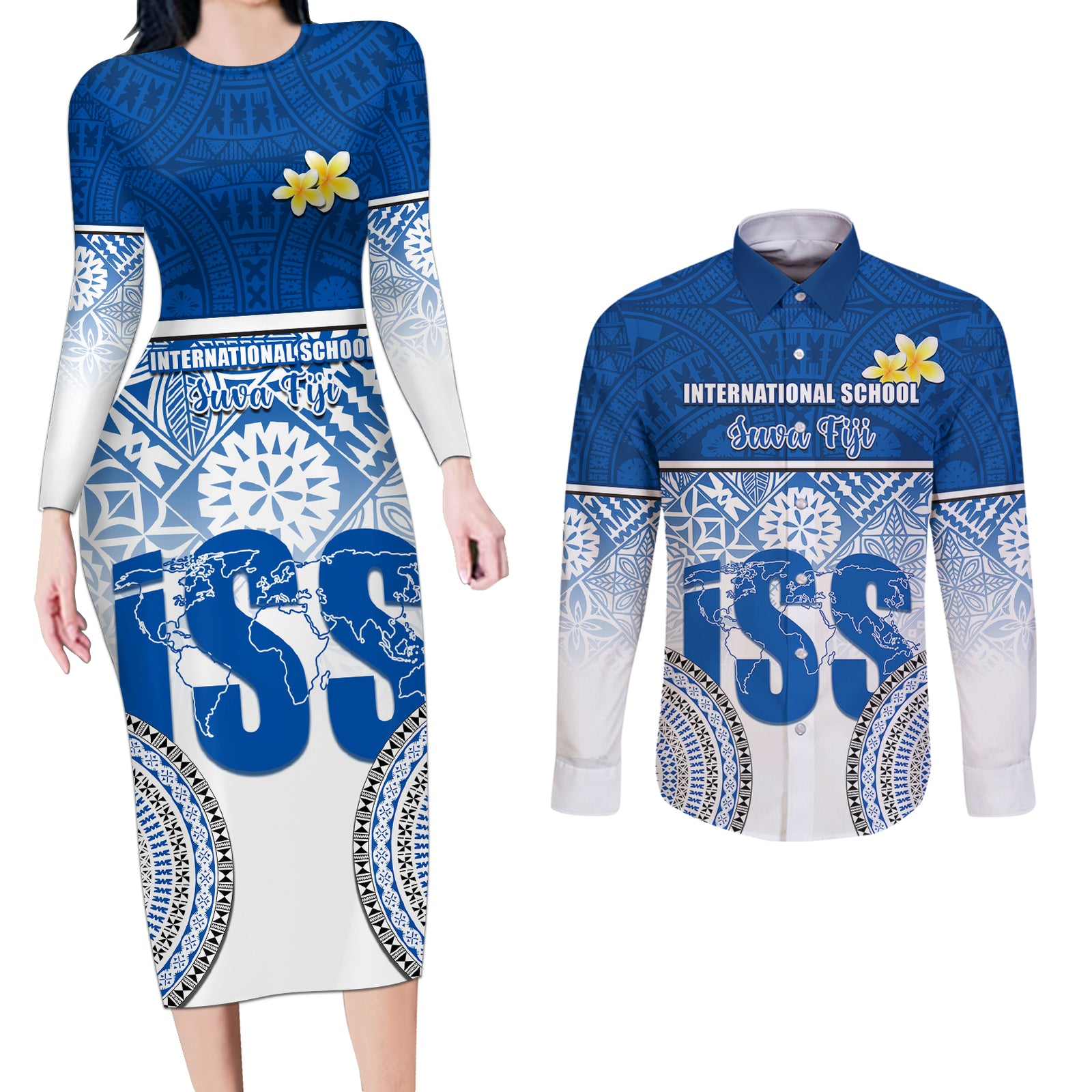 Personalized International School Suva Couples Matching Long Sleeve Bodycon Dress and Long Sleeve Button Shirts With Fijian Tapa Pattern LT05 Blue - Polynesian Pride