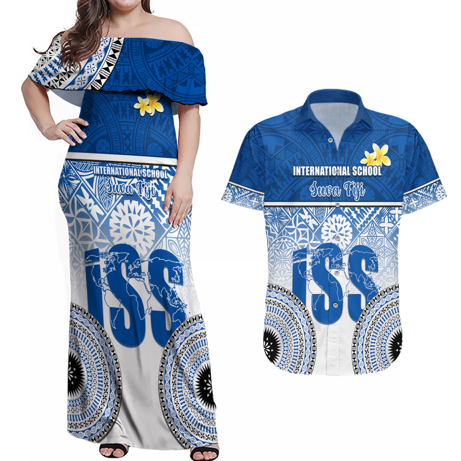 Personalized International School Suva Couples Matching Off Shoulder Maxi Dress and Hawaiian Shirt With Fijian Tapa Pattern LT05 Blue - Polynesian Pride