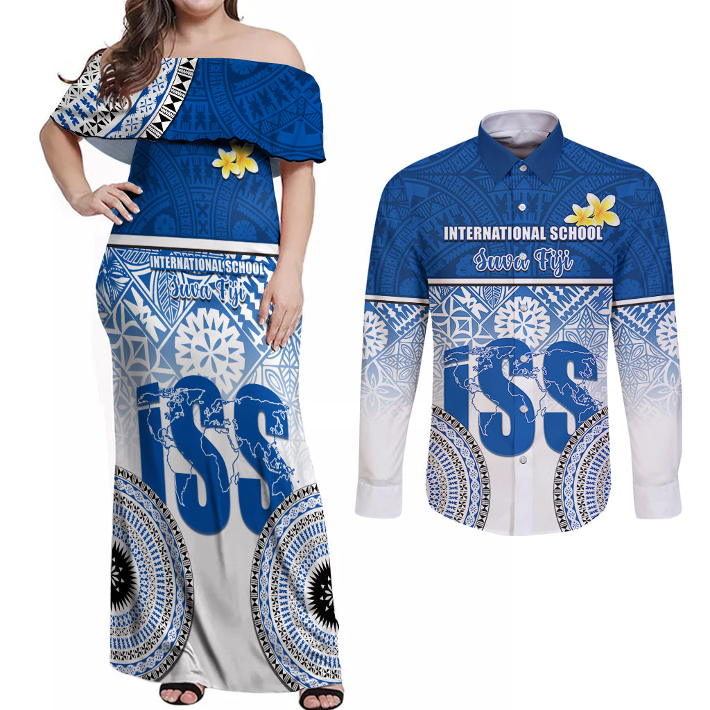 Personalized International School Suva Couples Matching Off Shoulder Maxi Dress and Long Sleeve Button Shirts With Fijian Tapa Pattern LT05 Blue - Polynesian Pride