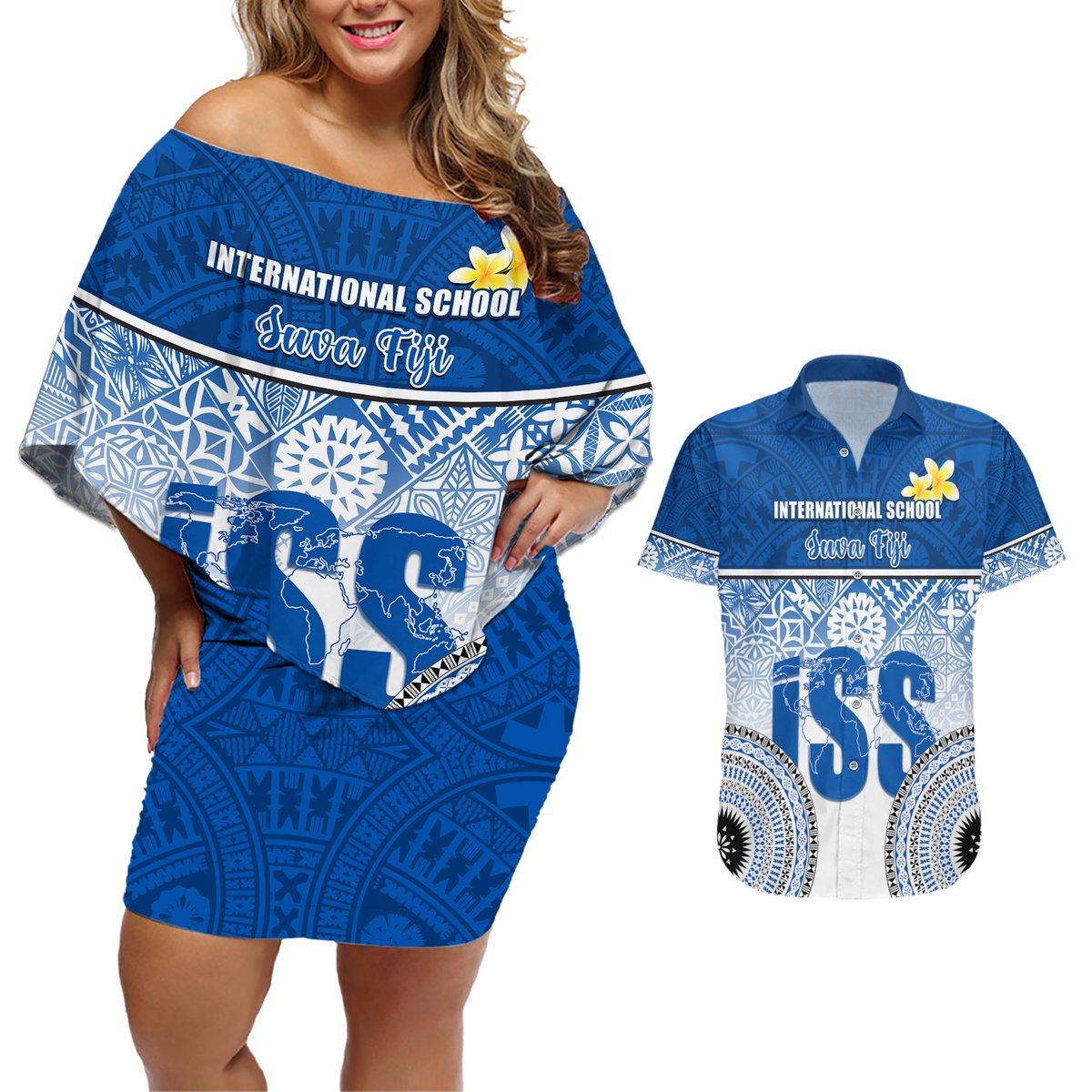 Personalized International School Suva Couples Matching Off Shoulder Short Dress and Hawaiian Shirt With Fijian Tapa Pattern LT05 Blue - Polynesian Pride