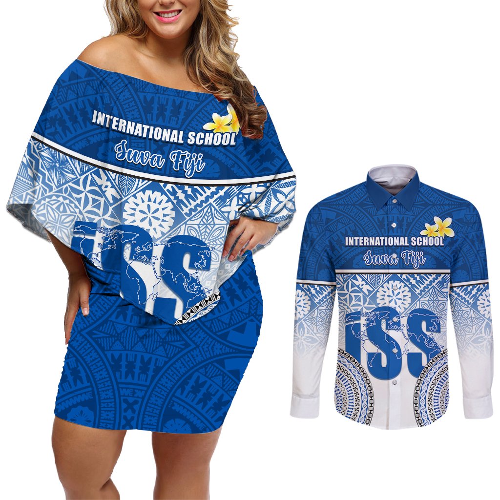 Personalized International School Suva Couples Matching Off Shoulder Short Dress and Long Sleeve Button Shirts With Fijian Tapa Pattern LT05 Blue - Polynesian Pride