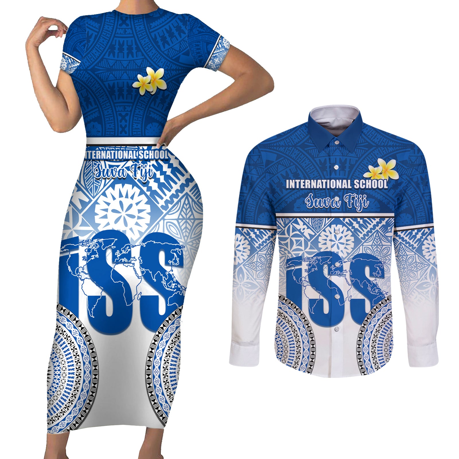Personalized International School Suva Couples Matching Short Sleeve Bodycon Dress and Long Sleeve Button Shirts With Fijian Tapa Pattern LT05 Blue - Polynesian Pride