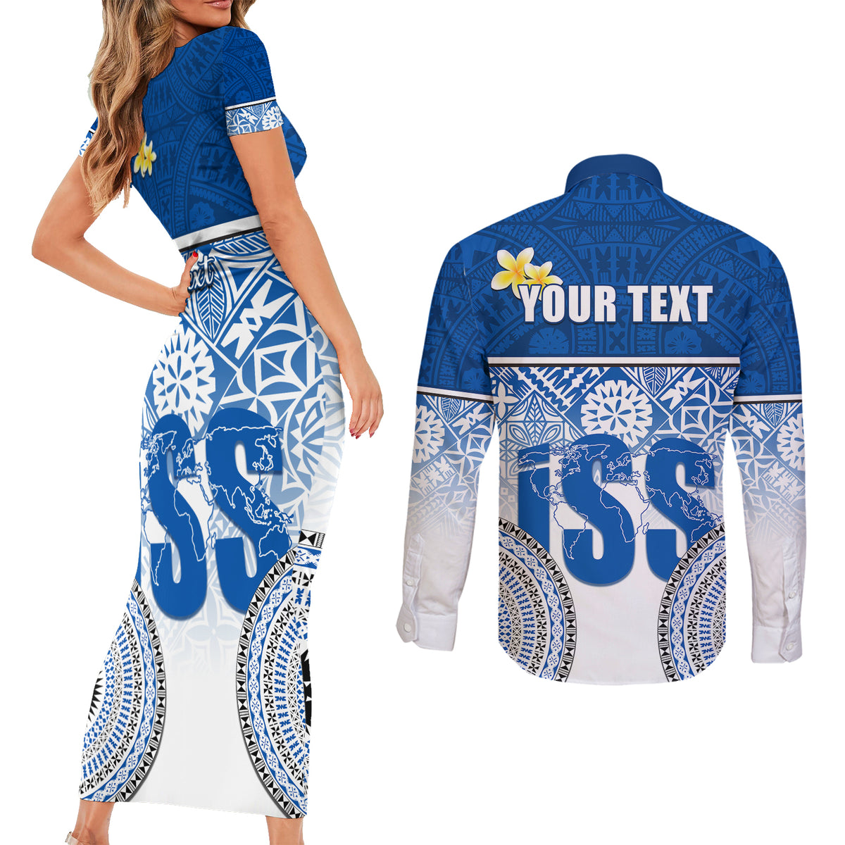 personalized-international-school-suva-couples-matching-short-sleeve-bodycon-dress-and-long-sleeve-button-shirts-with-fijian-tapa-pattern