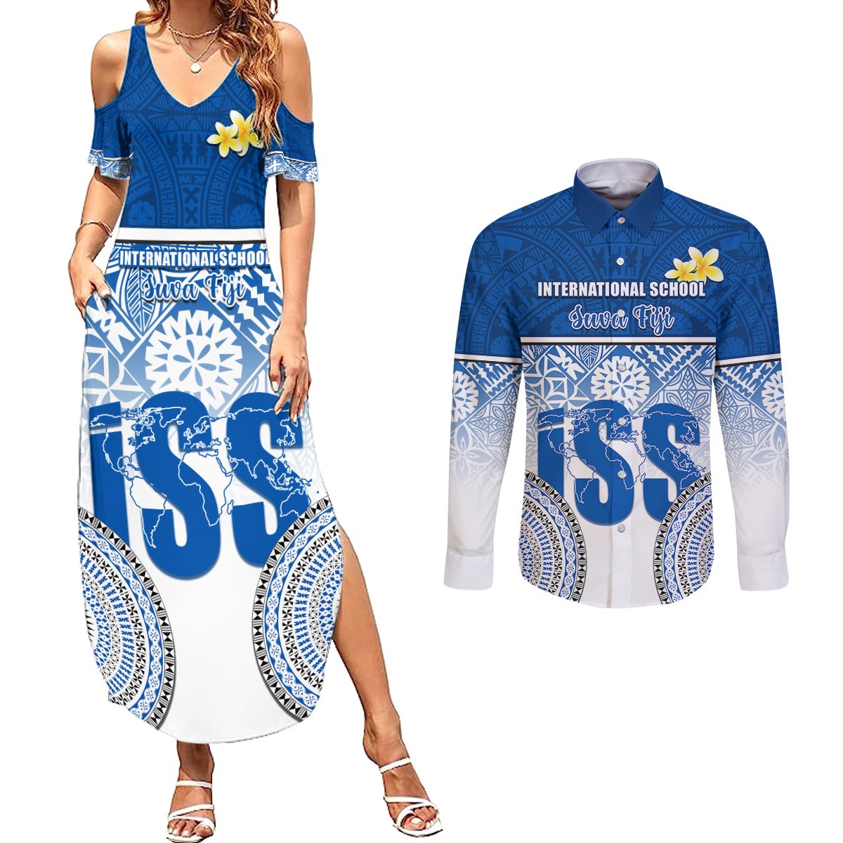 Personalized International School Suva Couples Matching Summer Maxi Dress and Long Sleeve Button Shirts With Fijian Tapa Pattern LT05 Blue - Polynesian Pride