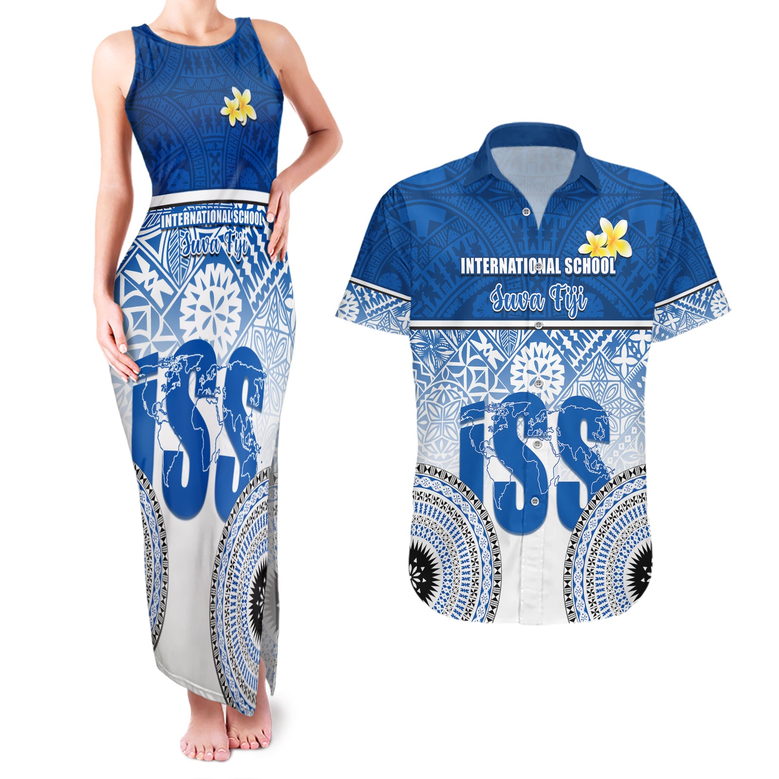 Personalized International School Suva Couples Matching Tank Maxi Dress and Hawaiian Shirt With Fijian Tapa Pattern LT05 Blue - Polynesian Pride