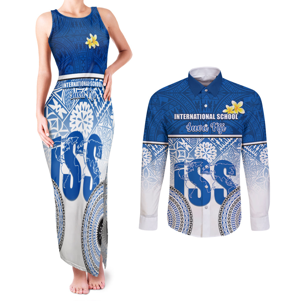 Personalized International School Suva Couples Matching Tank Maxi Dress and Long Sleeve Button Shirts With Fijian Tapa Pattern LT05 Blue - Polynesian Pride