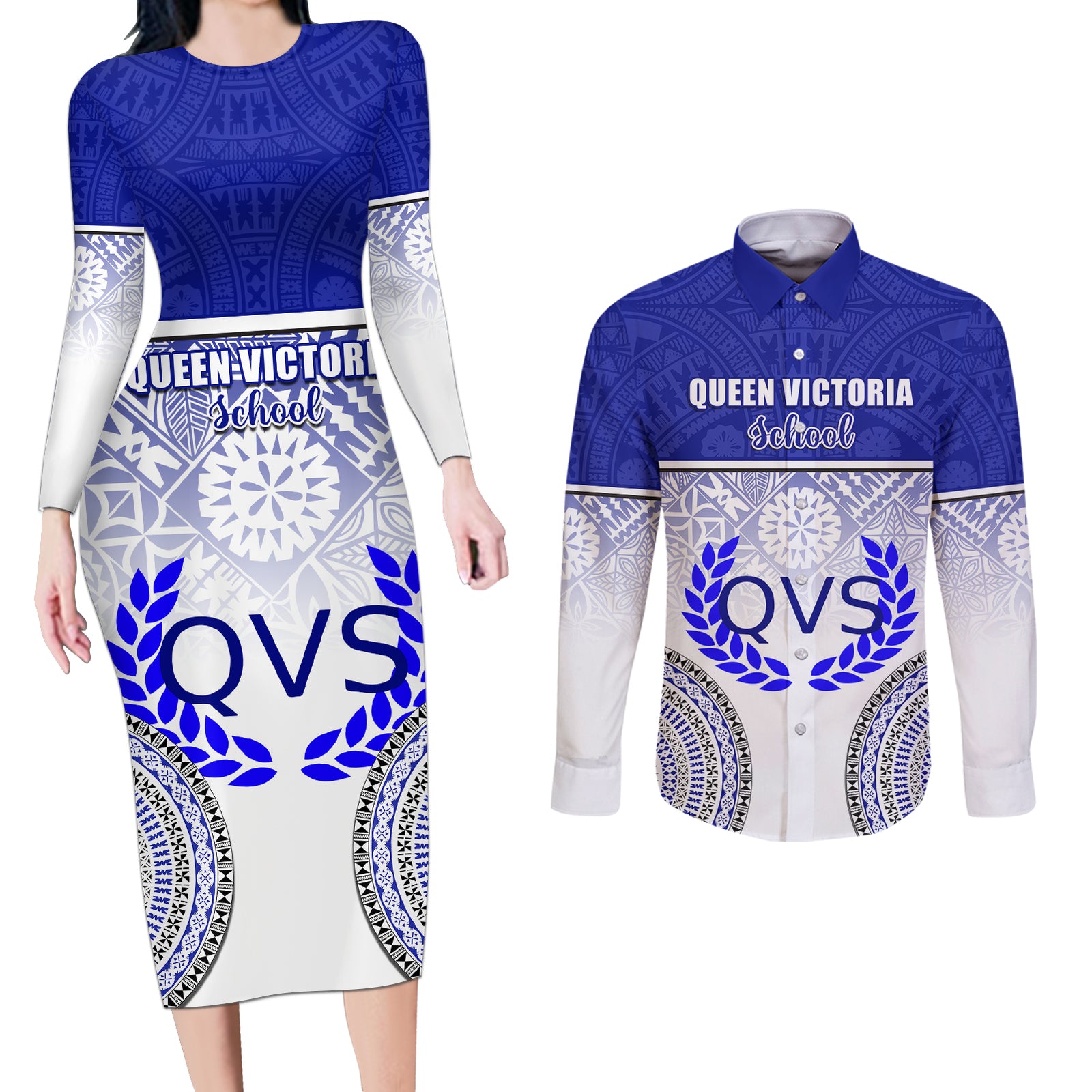 Personalized Queen Victoria School Couples Matching Long Sleeve Bodycon Dress and Long Sleeve Button Shirts With Fijian Tapa Pattern LT05 Blue - Polynesian Pride